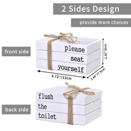 Restroom Bathroom Decor for Shelves, Funny Wooden Farmhouse Mini Book Stack for Bathroom Toilet Shelf Sign Decor Two-Sided Tabletop Decorative Set of 3 (white)