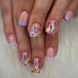 24PCS Press on Nails Square Short Purple Press on Nails with Flower Designs Glossy Full Cover Acrylic Short Coffin False Nails Glue Ons Fingernails Artificial Fake Nails for Women