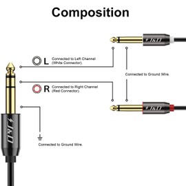 J&D 2-Pack 6.35 mm to 2x 6.35 mm Cable, Gold Plated [Copper Shell] [Heavy Duty] 6.35mm 1/4" TRS Male to 2 X 6.35mm 1/4" TS Male Stereo Audio Adapter Cable - 9 Feet