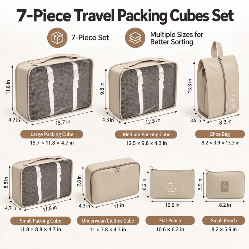 7-Piece Travel Packing Cubes Set – Foldable Luggage Organizer Bags