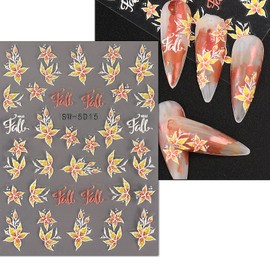 Fall Nail Art Sticker 5D Embossed Autumn Leaves Nail Decals Gold Yellow Maple Leaf Nail Decals with Texture Sliders Supplies Holiday DIY Manicure Decor Stickers for Women Nails Decals 1PCS