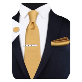 Men's Solid Gold Yellow Tie Silk Necktie and Handkerchief with Tie Clip Sets (UK6101-11)