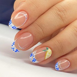 Cute French Tip Press on Nails Medium Almond Fake Nails with Designs Lemon Gel Glue on Fingernails Lines False Nails Summer Acrylic Nails Glossy Artificial Nails Stick on Nails for Women