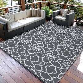 GarveeHome Outdoor Rug 8x10 Reversible Mats, Plastic Straw Rug, Large Floor Mat and Rug for Outdoors, Modern Area Rug, RV, Patio, Backyard, Deck, Picnic, Beach, Trailer, Camping, Grey/White(Floral)