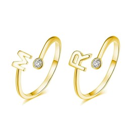 JUTOLOKA 2 PCS 14K Gold Plated Initial Rings for Women | Adjustable Open Ring | Cubic Zirconia Letter Rings | Stackable Rings for Women (M/R)