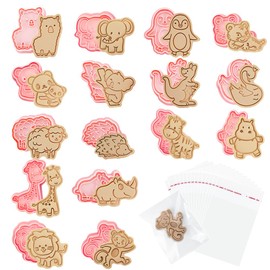 OT-NVWOZR 16pc Animal Cookie Cutters with Plunger Stamps Set, 3D Mini Cookie Stamp with 100pcs Self Sealing Cellophane Bags, Plastic Cracker Cutter Biscuit Cutters for Baking Molds Kids Birthday Party