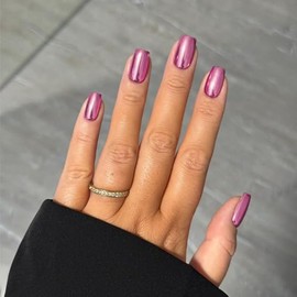 SXVME Uñas postizas de metal rosa claro con efecto espejo, medianas, cortas, cuadradas, cromadas, esmaltadas, de gel, brillantes, acrílicas, reutiliza
