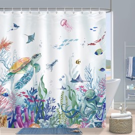 Bonhause Sea Turtle Shower Curtain, Colorful Ocean Fish Octopus Coral Jellyfish Coastal Beach Bathroom Curtain 72 x 72 Inch Polyester Fabric Waterproof Bath Curtain with 12 Hooks