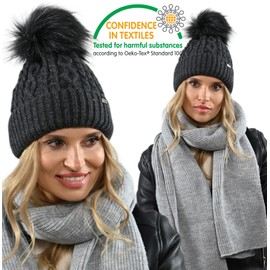 Alur Women's Beanie Winter Hat Knitted Hat with Bobble - Warm Elastic Elegant Winter Hat EKO Bobble Hat - Soft Yarn Stylish Universal Warm, graphitegray