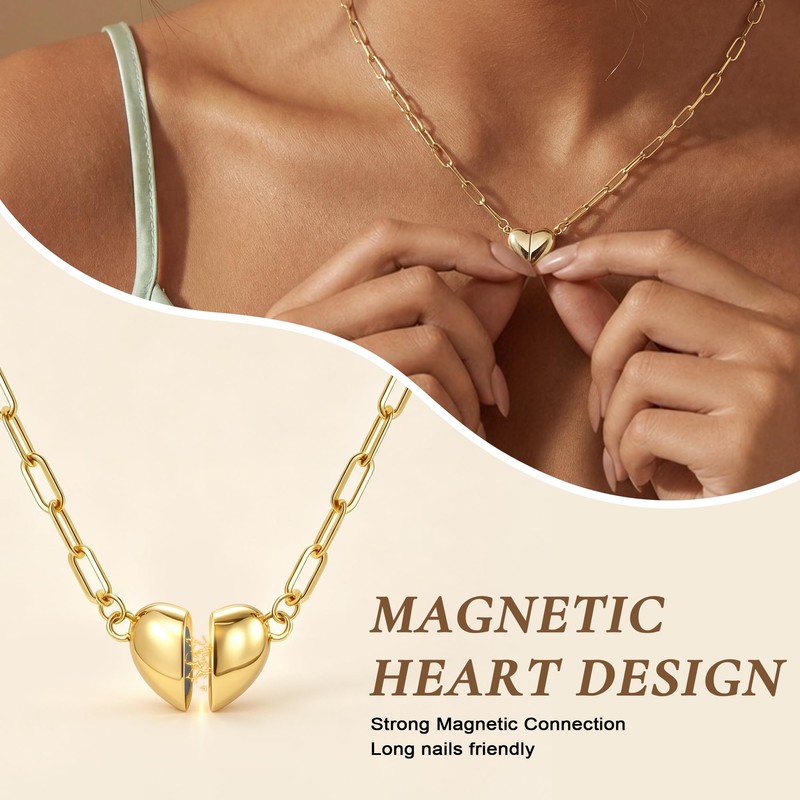 CTEEGN 14K Gold Heart Necklaces for Women, Dainty Paperclip Magnetic