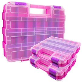 3PCS Pink Tools Box, 50-Compartment Double Side Small Parts Storage Box with Removable Plastic Dividers for Hardware, Beads, jewelry, Hair Accessories and More