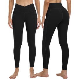 YOUNGCHARM 4 Pack Leggings with Pockets for Women,V Crossover High Waist Tummy Control Workout Yoga Pants,4Black-L