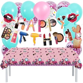 Girls' Makeup Theme Birthday Party Decoration Set, Includes Birthday Banner, Tablecloth, Pink & Blue, Confetti Balloons, and Lipstick & Makeup Balloons – Decorations for Girls' Birthday Celebration