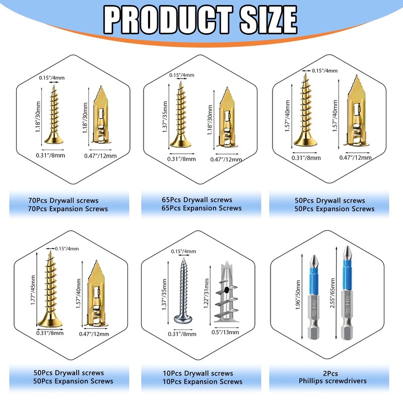 490PCS Self Drilling Drywall Anchors with Screws Kit,5-Sizes Metal Expansion
