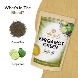 BREWIX, Bergamot Green Tea (25 Pyramid Tea Bags) | Caffeinated Tea Loose Leaf Earl Grey Green Tea With Pure Bergamot | High Elevation Grown