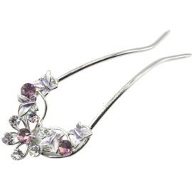 Miaomyao Hair Ornament, Kimono, Bee Shape, Silver, Cubic Zirconia, Butterfly, Flower, U-Shaped Comb, Hair Accessory (Purple)