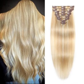 Clip in Hair Extensions Real Human Hair, Seamless Clip ins Real Human Hair for Women, Remy Human Hair Clip in Extensions, Double Weft 8pcs 20 inch Dark Blonde Highlighted Bleach Blonde