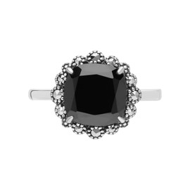 Esse Marcasite Sterling Silver Square Cushion Cut 3.111ct Black Spinel and Marcasite Ring - Size P