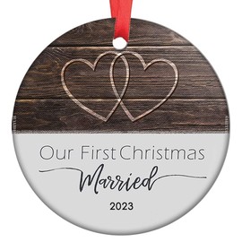 Our First Christmas Married 2023 Ceramics Ornament Rustic Double Hearts Farmhouse, 2.8" Circle | Complimentary Velvet Gift Bag (Married)