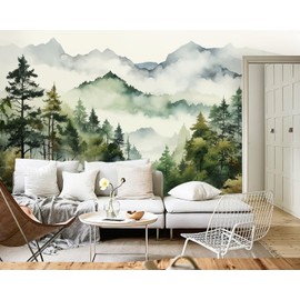 Watercolor Forest Mountain Mural Wallpaper, Foggy Trees Ink Wall Mural, Natural Landscape Mural, Misty Abstract Botanical Wallpaper for Living Room, Bedroom, Dinning Room-161"x108"(Not Peel and Stick)