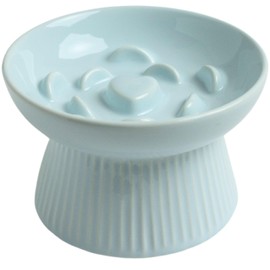 LE SERVETA Ceramic Slow Feeder Cat Bowl, Raised Puzzle Feeder, Anti Vomiting Cat Slow Feeder, Elevated Food Bowl, Whisker Friendly Cat Bowl (Blue)
