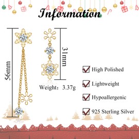 Bewenda Christmas Dangle Earrings for Women, 925 Sterling Silver Snowflake Drop Earrings with White Zirconia, Hypoallergenic Xmas Long Tassel Chains Earrings, Gold Stud Hanging Earrings for Christmas