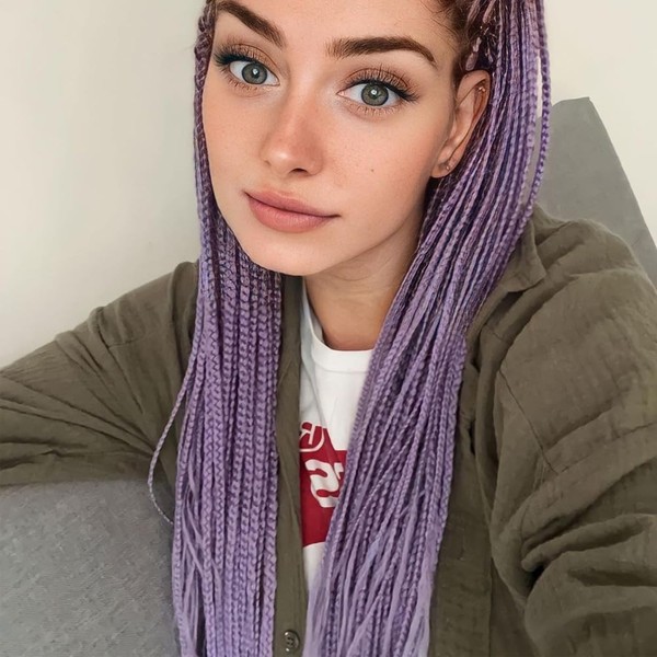 Angle Lucky Purple Braids Wig Long Synthetic Pastel Purple Micro Braided Lace Front Wig Heat Resistance Fiber Box Braid for Women 26 Inch