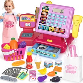 Dreamon Toy Cash Registers for Kids with Scanner, Play Till for Girls Boys Toddler Children 3 4 5 6 Year Old Pretend Mini Shop with Aprons Storage Bags Play Money Birthday