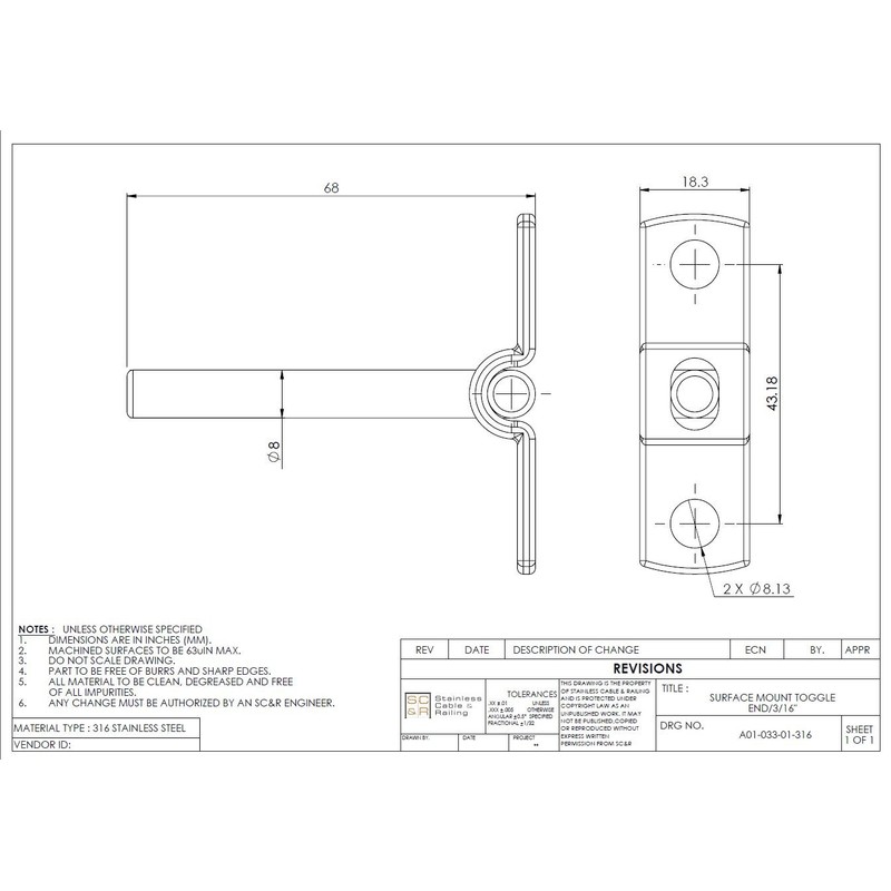 Stainless Steel Surface Mount Swivel Toggle Terminal End Fitting for