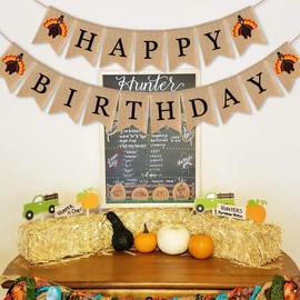 SWYOUN Jute Burlap Happy Birthday Banner with Turkey Birthday Party Bunting Garland Decoration