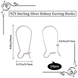 Beebeecraft 1 Box 10Pcs Kidney Earrings Hook 925 Sterling Silver Earwire Connector 20mm Long French Ear Wire for Jewelry Making DIY Earring Findings