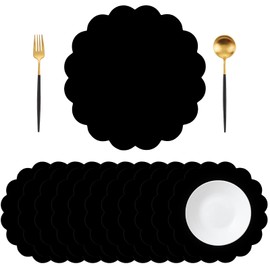 50 Pcs Black Paper Placemats Disposable, 13.5 Inch Disposable Scalloped Placemat for Birthday Wedding Baby Shower Banquet Tea Party