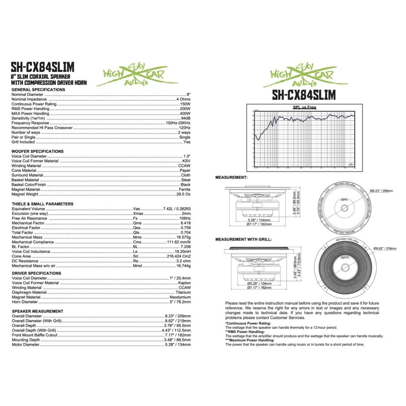 Sky High Car Audio Pro 8" Slim Coaxial Speaker With