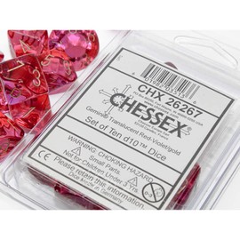 Translucent Red and Violet Gemini Dice with Gold Numbers D10 16mm (5/8in) Pack of 10 Dice Chessex