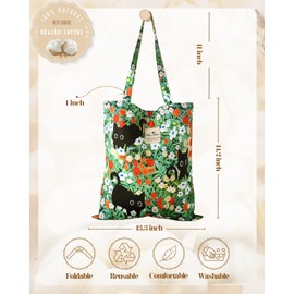 Miss Adola Aesthetic Cotton Tote Bag for Women - Reusable Grocery Bag with Buckle Green Three Cats Fabric Shoulder Bag for Shopping, Gym, Travel, Work