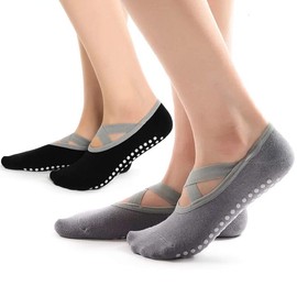 Hually Yoga Socks, 2 Packs Non-Slip Pilates Socks for Women, Grips & Straps, Ideal for Pilates, Pure Barre, Ballet, Dance (Black & Grey)
