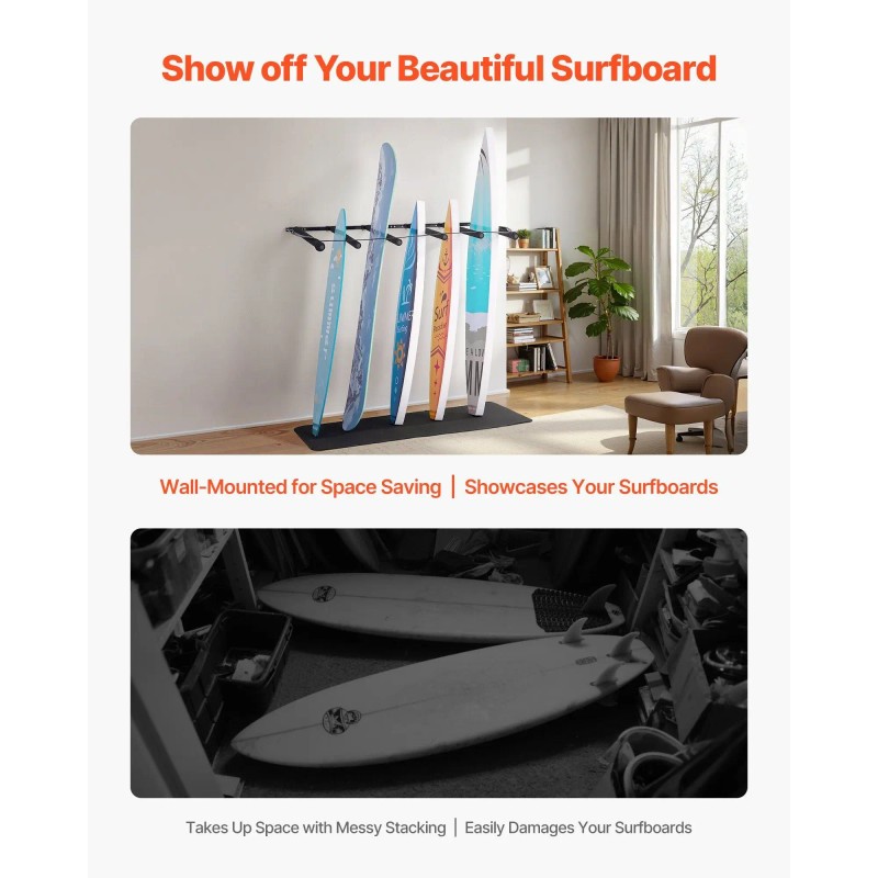 5-Tier Vertical Surfboard Wall Mount Rack Adjustable Metal Board Stand