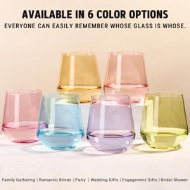 Physkoa Colored Stemless Wine Glasses Set of 6-17 oz Hand-Blown Crystal Colorful Glassware, Multicolor Wine Glass for Wine Lovers, Wedding, Birthday, Housewarming Valentine's Day Gifts for Women