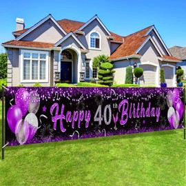 Purple 40th Birthday Decorations for Women, Black Purple Silver Happy 40th Birthday Yard Banner Sign for 40 Years Old Party Supplies Indoor Outdoor Decor