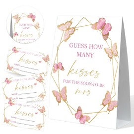 Guess How Many Kisses Bridal Shower Game, Butterfly Bridal Shower Sign and 50 Cards, Bridal Games for Showers, Engagement Party Games, Wedding Shower Decor, Bridal Shower Gifts for Couples,2