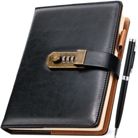 Nicpro Diary with Lock, A5 PU Leather Journal with Lock, Metal Pen, 260 Pages Password Notebook for Men and Women, Vintage Lock Daily Journal for Travel, Note Take, Plans, Organize (10 x 7 in)