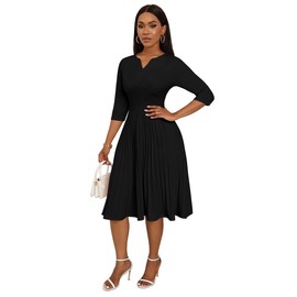CLOCOR Midi Dresses for Women Casual Wrap Flared Pleated Dress A Line 3/4 Sleeve V Neck Church Cocktail Wedding Guest Dress Black 2XL