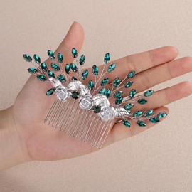 Teyglen Green Rhinestone Headpiece Vintage Flower Wedding Hair Comb Crystal Bridal Side Comb Flower Leaf Hair Piece Hair Accessories Jewelry for Women (Green)