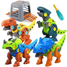 KAEGREEL Take Apart Dinosaur Toys for Kids, 4 Packs Construction Dinosaur Toys Set with Cage & Screwdriver, STEM Learning Gift for Boys Girls Aged 3+