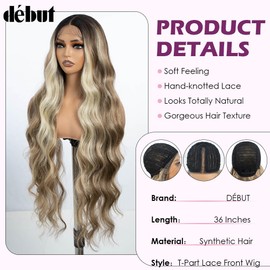 DÉBUT Skunk Stripe Highlight 613 Blonde Body Wave Long Wavy Lace Front Wigs 13x4 Middle Part Synthetic Lace Wig for Women Slight Pre Plucked Hairline with Baby Hair Ombre Blond 36 Inches