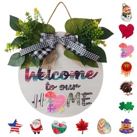 Interchangeable Wooden Seasonal Welcome Sign, Round Front Door Wreath for Front Door, Porch, Farmhouse, Wall Decoration, Suitable for Spring, Summer, Fall and Winter Seasons Holiday Decoration