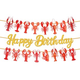 3Pcs Glitter Gold Crawfish Birthday Party Banner Lobster Boil Party Decorations Lobster Theme Banner Glitter Gold Crawfish Happy Birthday Banners Sign for Food Boil Baby Shower Partys Supplies