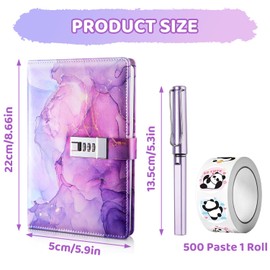 UNIANE Diary with Lock for Girls, A5 Diary with Code, Notebook with Lock with Pen and Funny Sticker Set, PU Leather Notebook, Secret Marble Notebooks for Birthday Gift (22 x 15 cm)