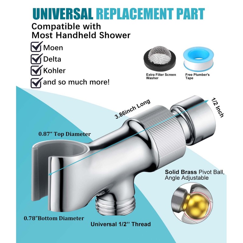 All Metal Handheld Shower Head Holders, 1/2" Shower Hose Holder