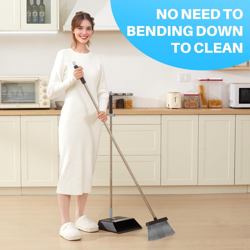 JOYMOOP Black Broom and Dustpan Set, Upright Angle Design with